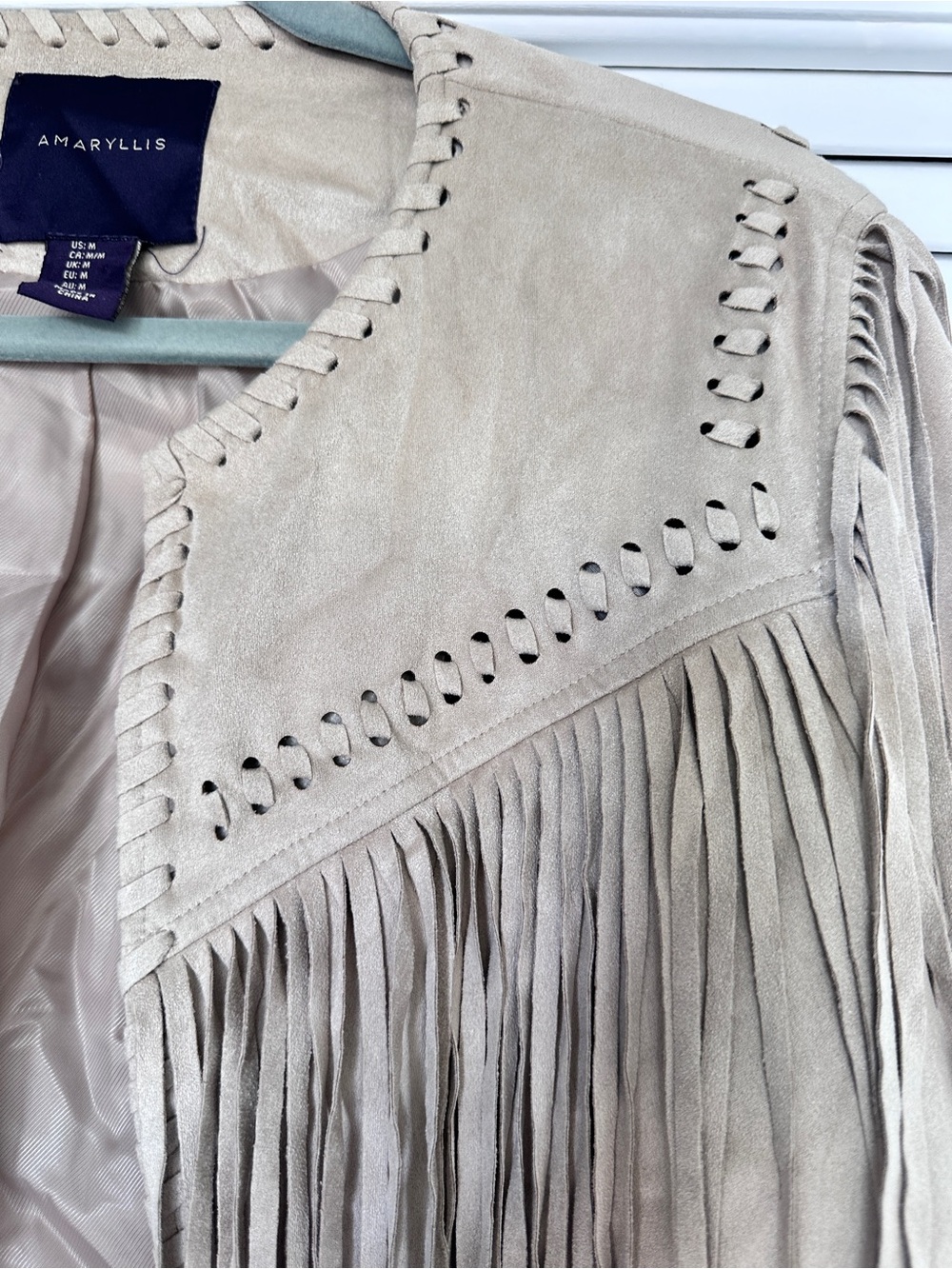 Amaryllis Faux Suede Fringe Jacket Boho Western Open Front Taupe M - Picture 5 of 13